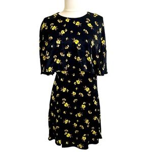 ZARA Womens Yellow Floral On Black Satiny Mini Dress Cape Style Sleeve Small